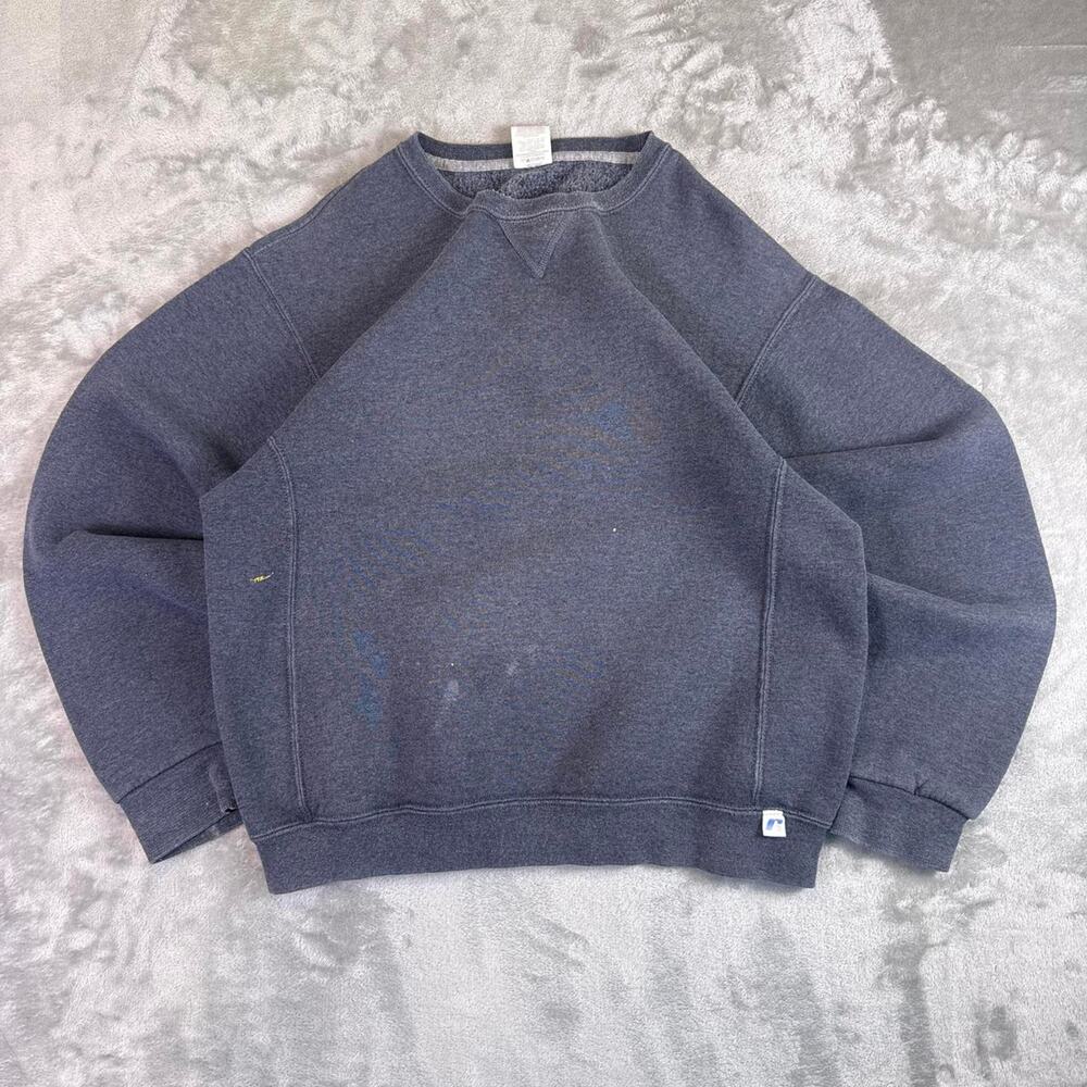 Distressed Minimalist Russell Athletic Blank Crewneck Sweatshirt Gray Pullover M